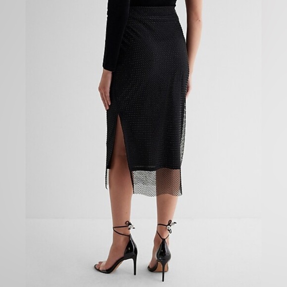 NWT Express Super High Waisted Rhinestone Mesh Midi Pencil Skirt Sz M Black - Picture 2 of 4